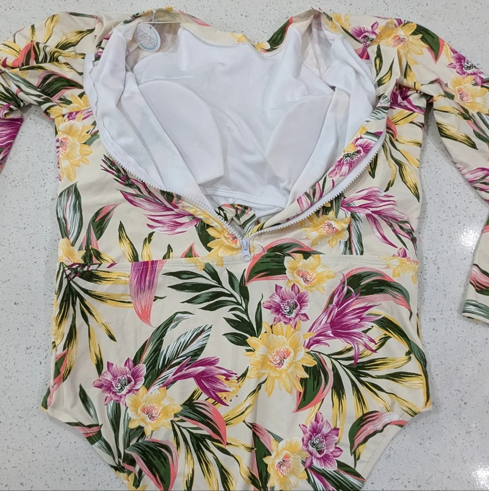 NWT Freshwater Floral One Piece Swimsuit Long Sleeve Bathing Suit Yellow XXL